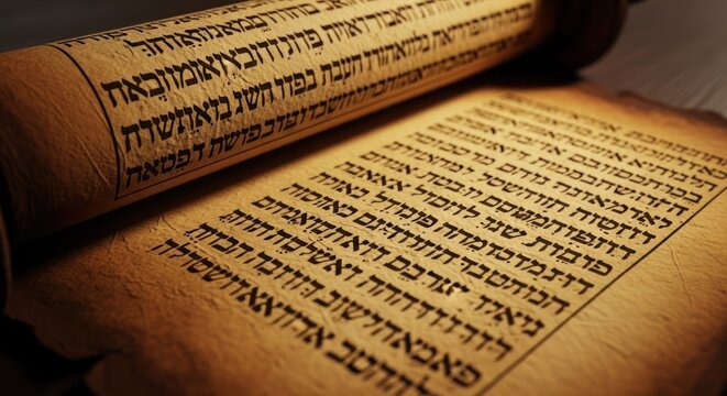 Close-up of an ancient scroll, partially unrolled, displaying Hebrew script with aged paper