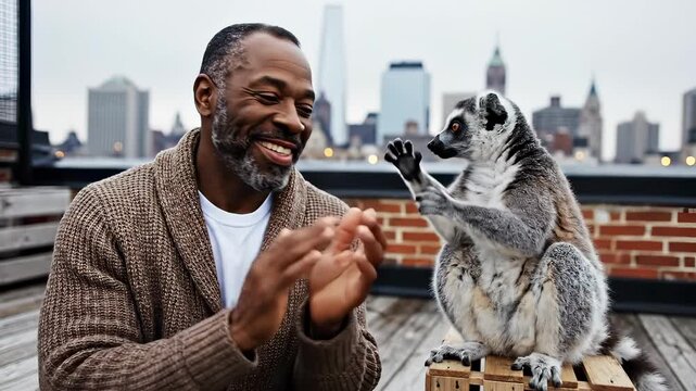 Man Interacts with Ring-tailed Lemur on Rooftop with City Skyline.
