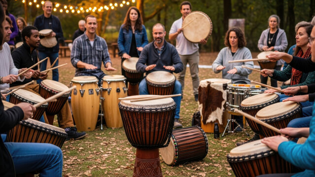 Diverse group enjoying outdoor drum circle celebration.