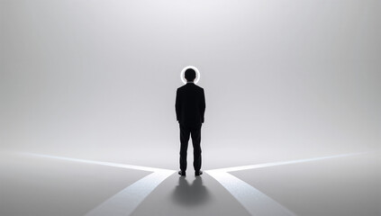 Obraz premium 白い逆光の中で人物は影だけとなり分岐が光で示される
