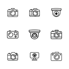 Flat Line Icon Set of Digital Cameras, CCTV Security Domes, and Webcams