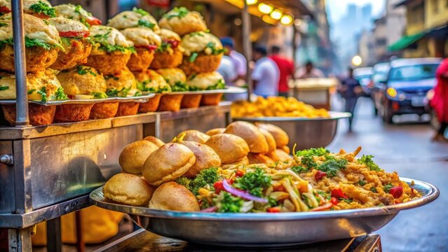 Vibrant Indian Street Food Cart Serves Up a Storm of Spicy Delights with Crispy Vada Pav and Other Savory Snacks
