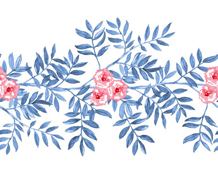 Pink roses and blue ruscus leaves. Seamless watercolor floral border.