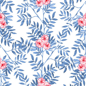 Pink roses and blue ruscus leaves. Seamless watercolor floral pattern.