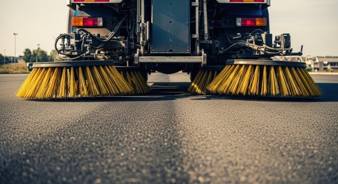 Close-up of street sweeper truck with large yellow brushes cleaning pavement