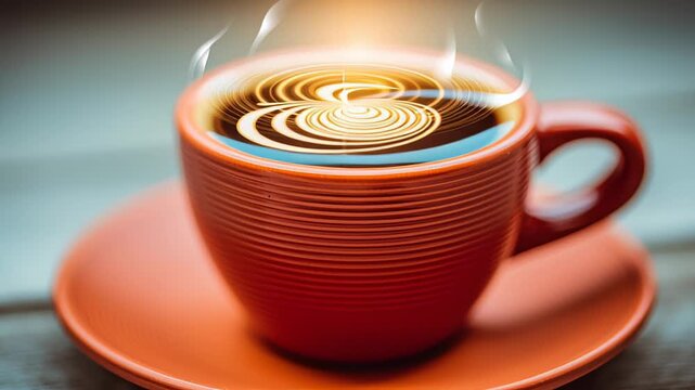 Red ceramic coffee cup filled with dark coffee as cream is poured in, creating swirling patterns on the surface, placed on a wooden table with natural lighting
