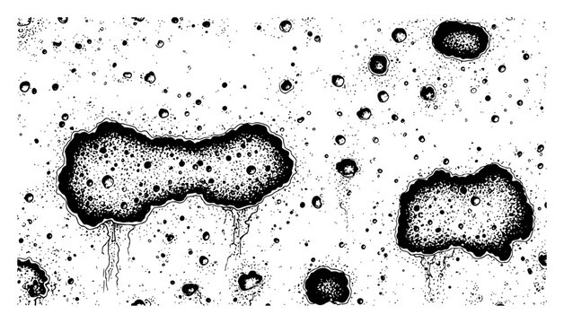 Microscopic organic black and white texture featuring bacterial cells and porous surface details