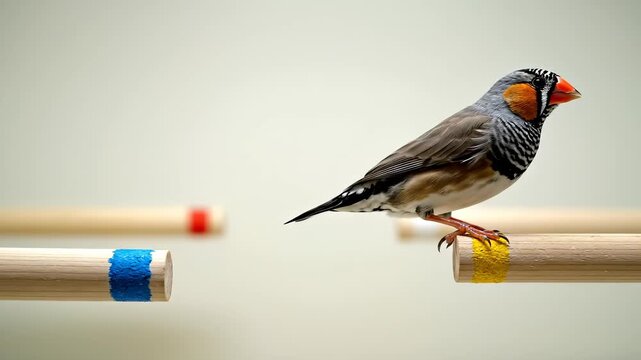 Zebra Finch Perched on a Wooden Perch, Then Flying, Then Perched Again.
