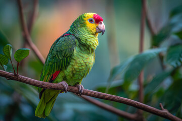 Vibrant tropical parrot perched on a branch surrounded by lush green rainforest foliage displaying vivid yellow and red plumage in natural habitat