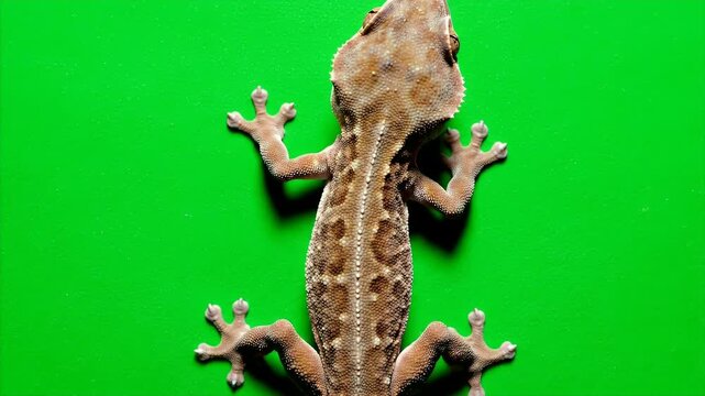 Top View of Gecko Crested with Brown Pattern Isolated on Green Screen for Chroma Key Seamless Cutout
