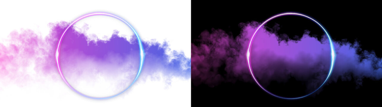 Glowing neon circle frame with vibrant pink and purple smoke cloud isolated on dark and light background. Futuristic luminous halo with colorful vapor and soft gradient glow