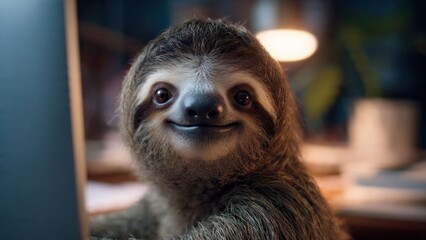 Obraz premium Cute smiling sloth using laptop indoors – productivity and humor concept