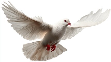Obraz premium White dove in flight with outstretched wings and red feet on white background.