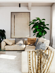 Naklejka premium Large luxury modern bright interiors Living room mockup illustration 3D rendering Digitally Generated Image