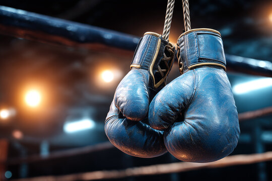 El cuerpo cuelga en pausa: guantes suspendidos, luz dram&aacute;tica y recuerdo de la pelea. Guantes de boxeo colgados frente a un ring borroso, luz intensa, imagen simb&oacute;lica y atl&eacute;tica.