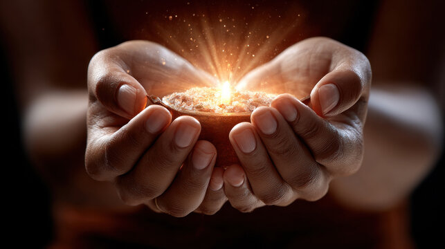Hands holding offering warm glow spiritual light cupped hand sacred ritual hope faith serenity gentle touch human hand hands holding offering warm glow spiritual light cupped hand sacred ritual