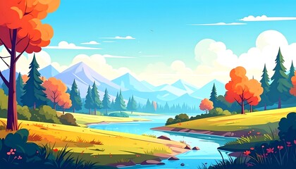 A serene digital illustration depicting a meandering river through a vibrant autumn landscape