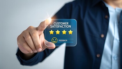 customer using smartphone to review satisfaction 5 stars rating .