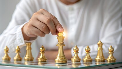 A man is playing chess alone, playing a golden piece of chess.