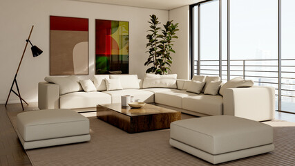 Naklejka premium Large luxury modern bright interiors Living room mockup illustration 3D rendering Digitally Generated Image