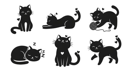 Naklejka premium Set of six black cat silhouettes in various poses on an isolated white background.