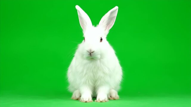 White New Zealand Rabbit Front Facing Isolated on Green Screen Background for Animal Education Projects, Advertisement