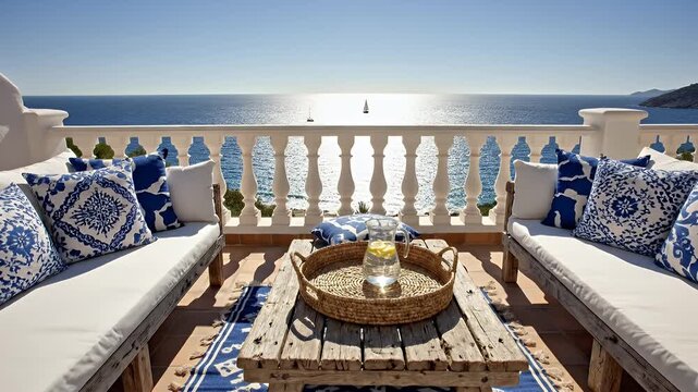 Luxurious Oceanfront Terrace Seating Area with Blue Cushions and White Pillows Under Clear Sky
