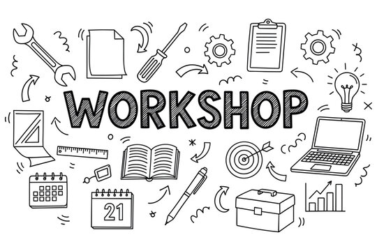 Creative workshop design with tools and office supplies doodles