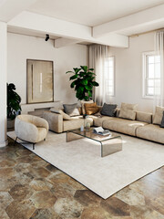 Naklejka premium Large luxury modern bright interiors Living room mockup illustration 3D rendering Digitally Generated Image