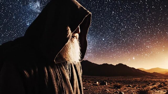An old man in a hooded cloak stands in a desert landscape under a starry night sky with the Milky Way visible
