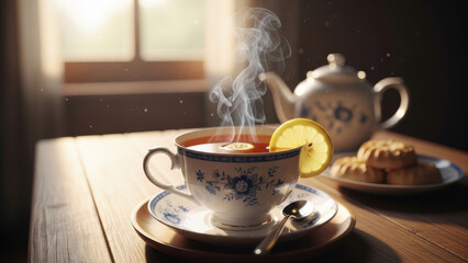 Obraz premium Steaming tea in a floral cup with a lemon slice.