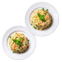 Two plates of delicious fried rice with vegetables on a black background