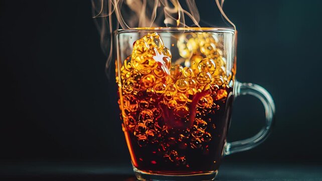 Pouring hot beverage into a glass cup filled with ice cubes, creating steam and bubbles as liquid fills the container, showcasing the refreshing drink preparation process