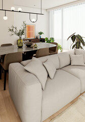 Naklejka premium Large luxury modern bright interiors Living room mockup illustration 3D rendering Digitally Generated Image