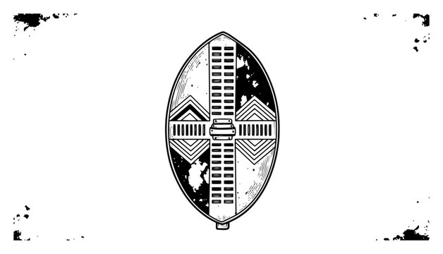 Traditional African warrior shield with geometric patterns and distressed grunge texture black and white illustration