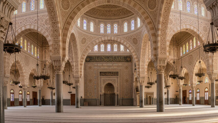 Fototapeta premium Intricate architectural design of a grand mosque interior