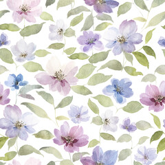 Obraz premium Watercolor floral seamless pattern with abstract flowers and green leaves. Delicate illustration in provence rustic style for textile, cover or wallpaper. Hand-drawn all over print.