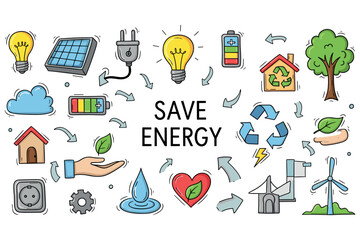 Save energy concept with eco-friendly icons and renewable energy symbols