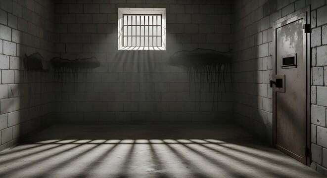 Empty Prison Cell with Window and Iron Bars, Concrete Jail Interior, Criminal Justice and Incarceration Concept for Law Enforcement, Legal System and Crime Background