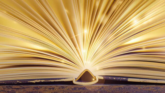 Open book with golden pages radiating light, showcasing the continuous flow of pages and shimmering highlights, creating a captivating visual effect in a bright setting