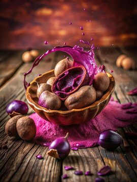 A juicy sweet tamarind pulp bursts into a vibrant purple pool on a rustic wooden table