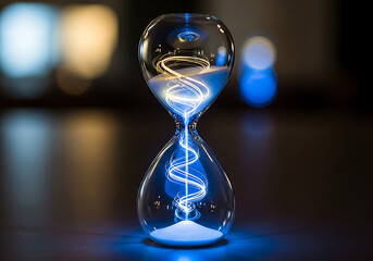 Neon Blue Hourglass Timer with Glowing Energy Sand. Conceptual Clock of Digital Time.