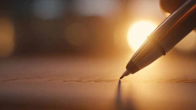 Close-up of a hand holding a silver pen, writing on a sheet of paper with warm sunlight illuminating the scene, creating a soft glow and highlighting the ink flow