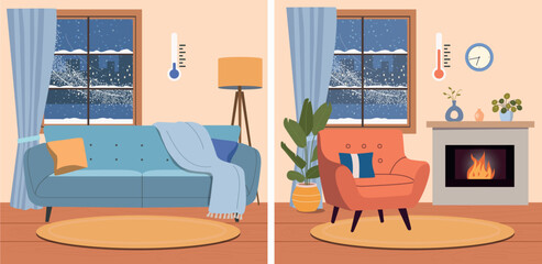 Obraz premium Cold and Warm Living Room Interior Comparison, Home Heating and Comfort Concept. Flat style cartoon vector illustration.