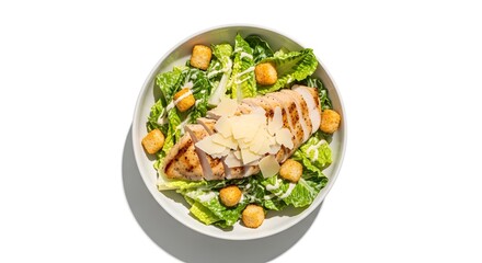Caesar salad with grilled chicken, croutons and parmesan, isolated on a white background