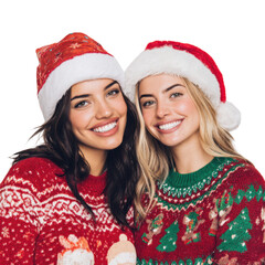 Two young women wearing Christmas sweaters and Santa hats