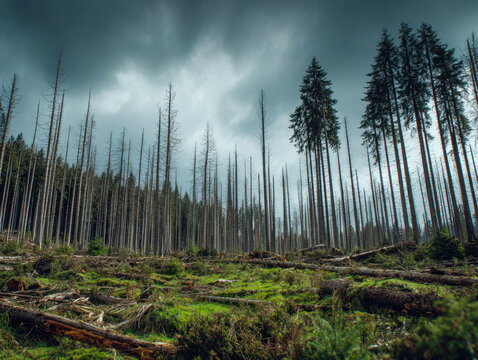 A gloomy landscape with dead or dying tall pine trees standing among fallen logs and green moss under a cloudy stormy sky conveying a sense of forest decay