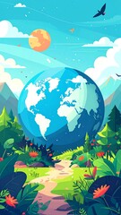 A serene landscape with a large globe, vibrant flora, and a sunny sky