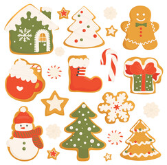 Fototapeta premium Set of cartoon Christmas Gingerbread cookies. Cute Christmas vector hand drawn illustration of holiday icons isolated on white background.