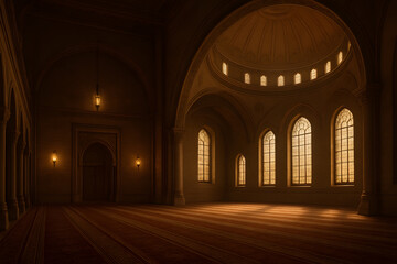Obraz premium A serene and peaceful interior of a large, empty mosque with arched windows and a domed ceiling
